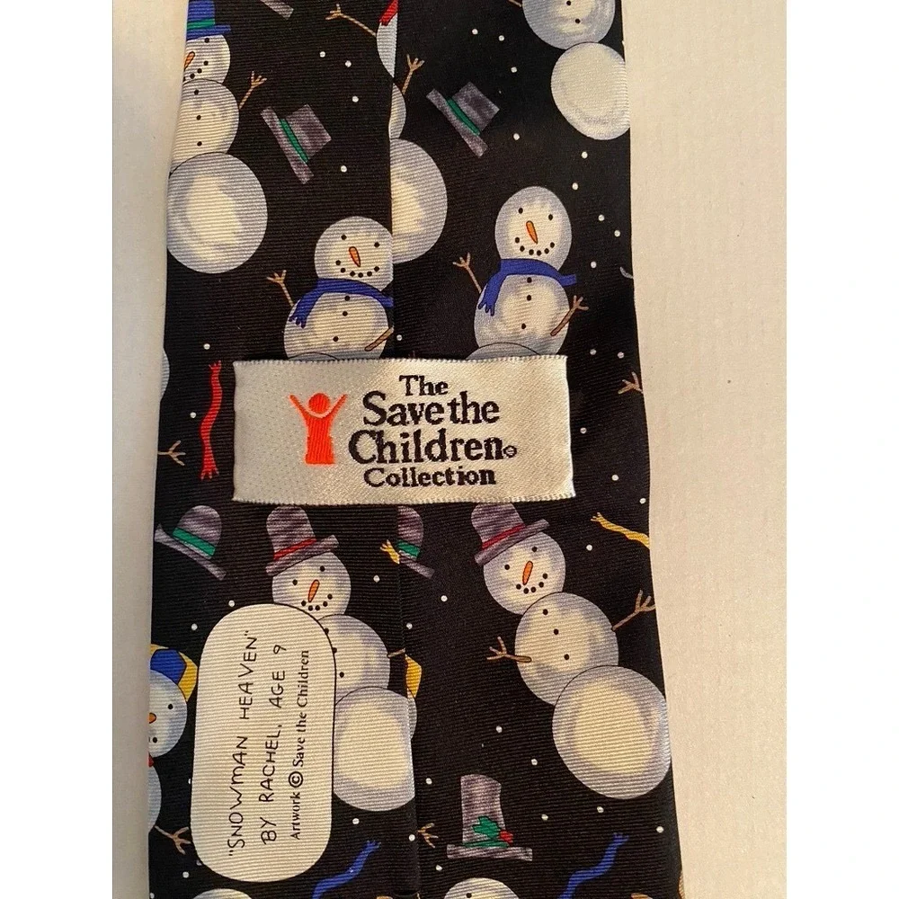 Save the Children Silk Tie Snowman Heaven Christmas Holiday Black Necktie